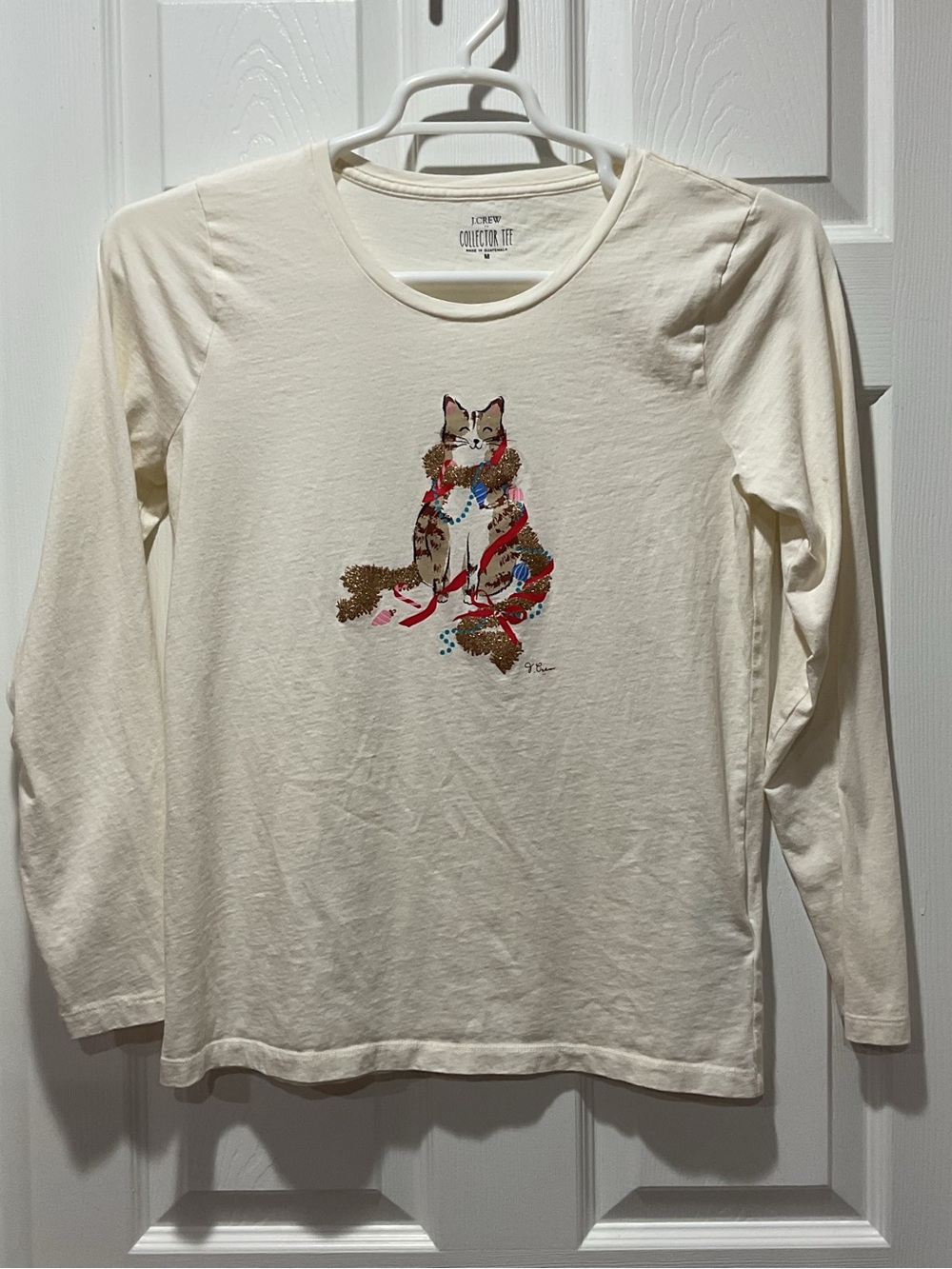 J. Crew Cream Long-Sleeve Tee with Festive Cat Graphic